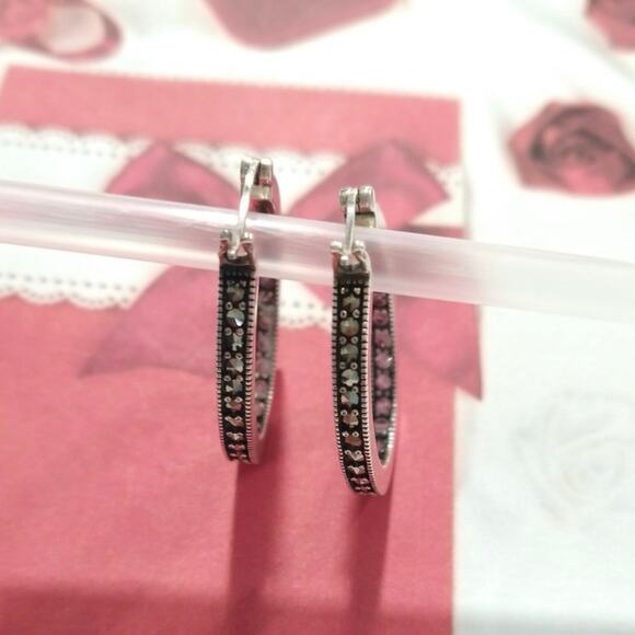 925 Sterling Silver Round Hoop Huggie Earrings Pink Sapphires Marcasites Signed - Picture 5 of 15